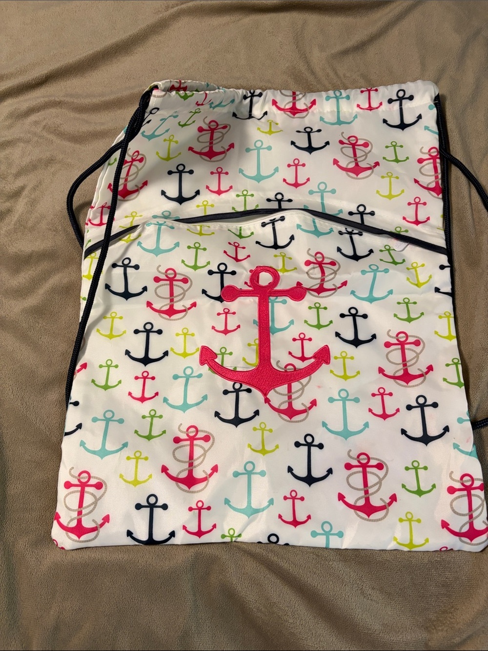 Anchor Print Drawstring One-Piece Bag - White with Multi-Color Anchors